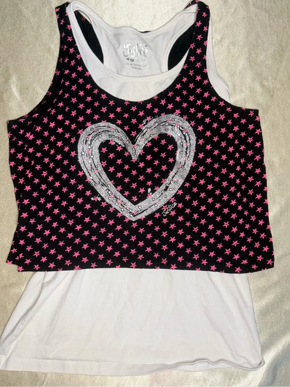 Justice Girls Layered Tank Top Black w/ Pink Stars &Silver Glitter Heart Sz 18